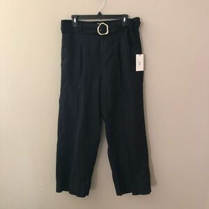 HALSTON Classic 100% Linen Washable Black Pants Belt Gold Buckle & Elastic Waist